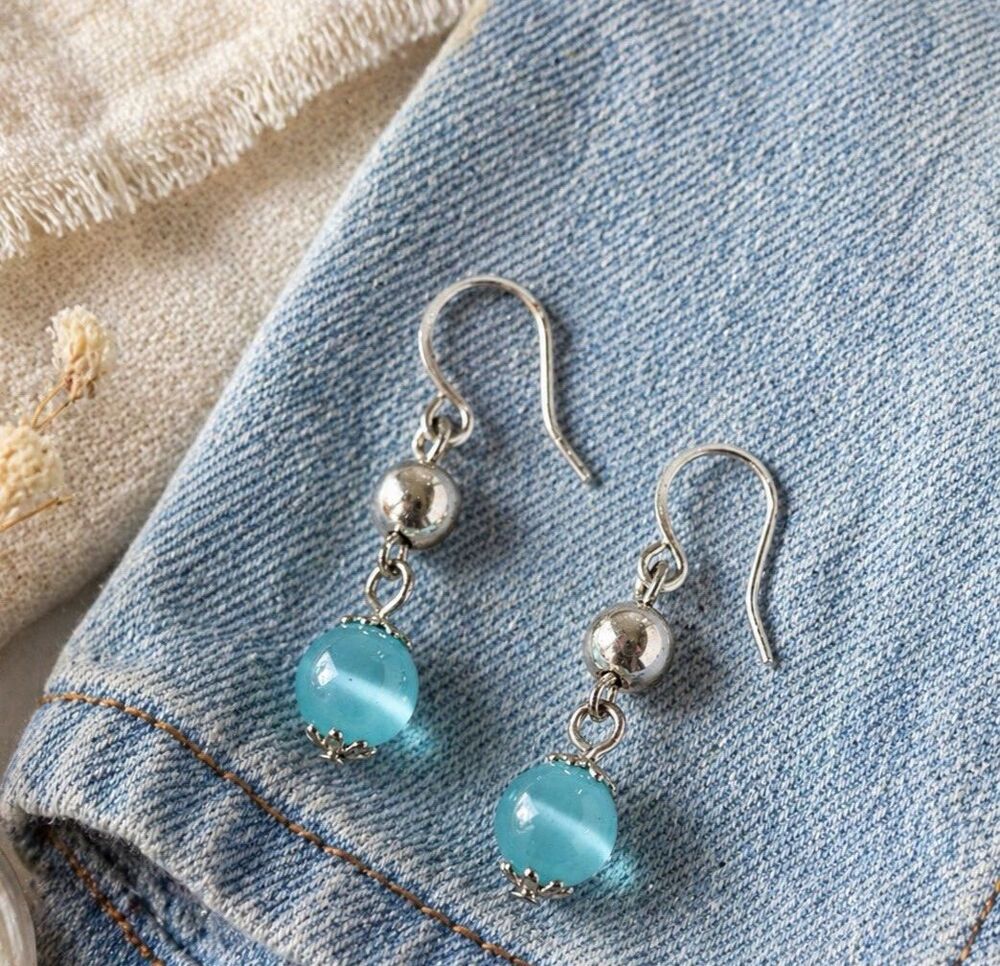 Vintage Aqua Blue Bead Drop Earrings Silver Dangle Minimalist Coastal Beachy 90s